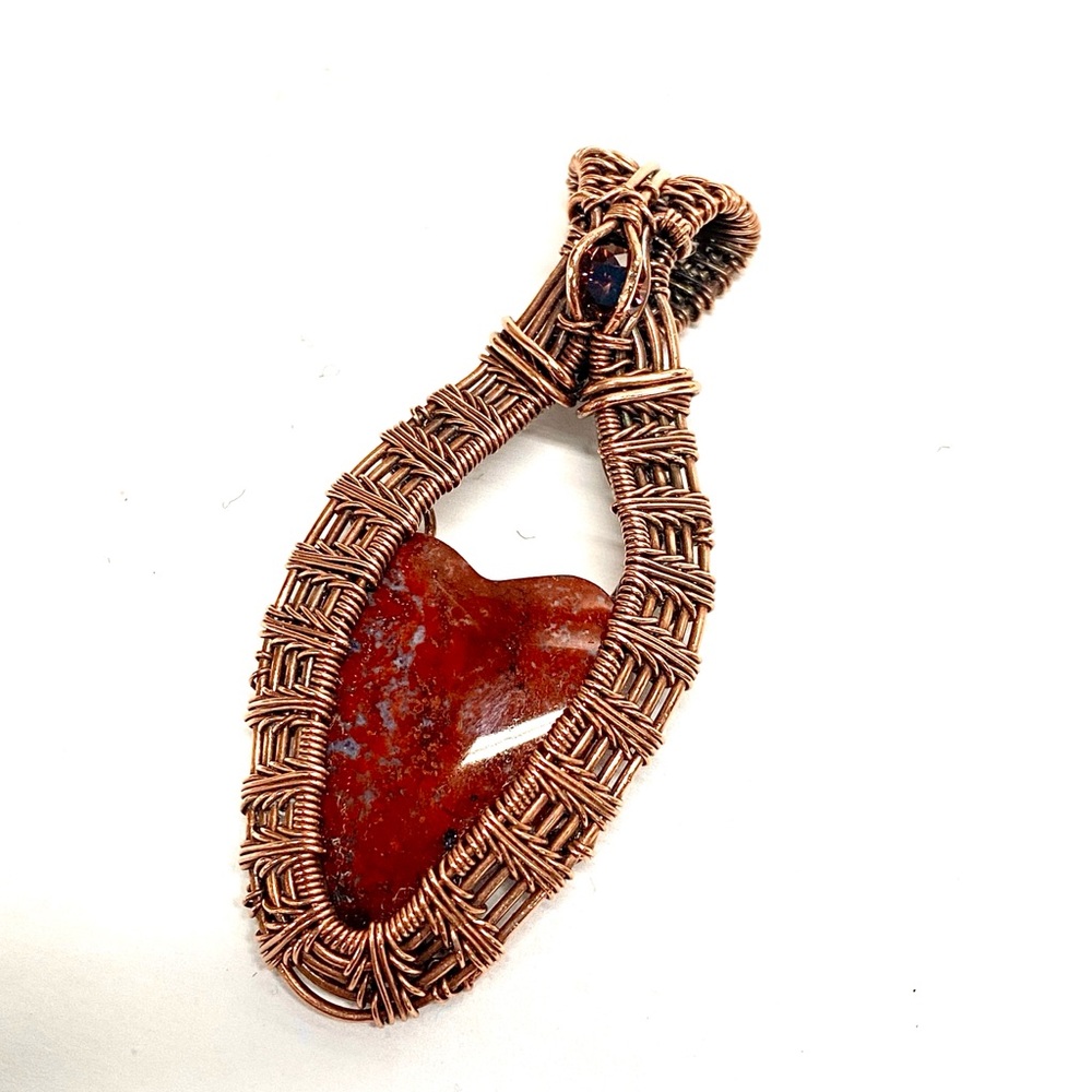 HANDCRAFTED Petrified Wood Heart and CZ Hand Wrapped  Copper Statement Pendant